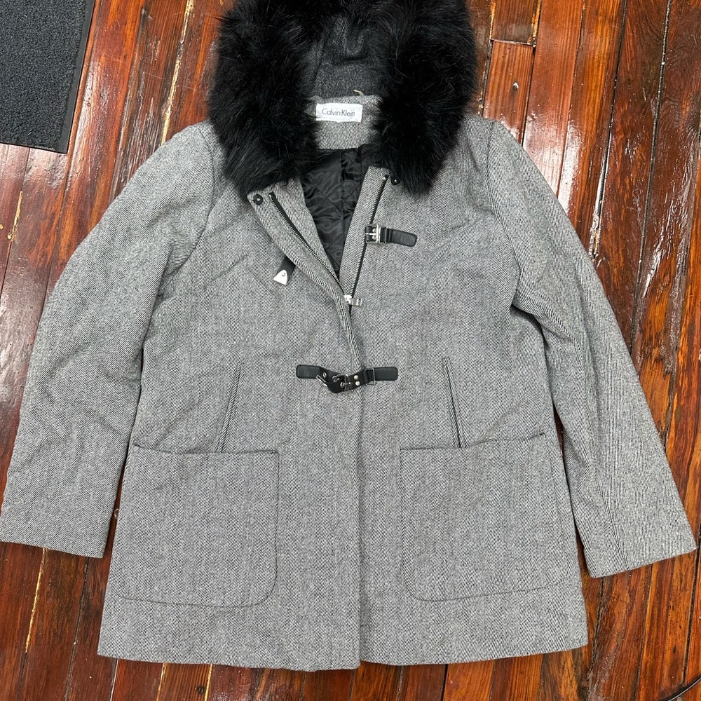Calvin Klein Collection Gray Pea Coat with Black Fur Collar